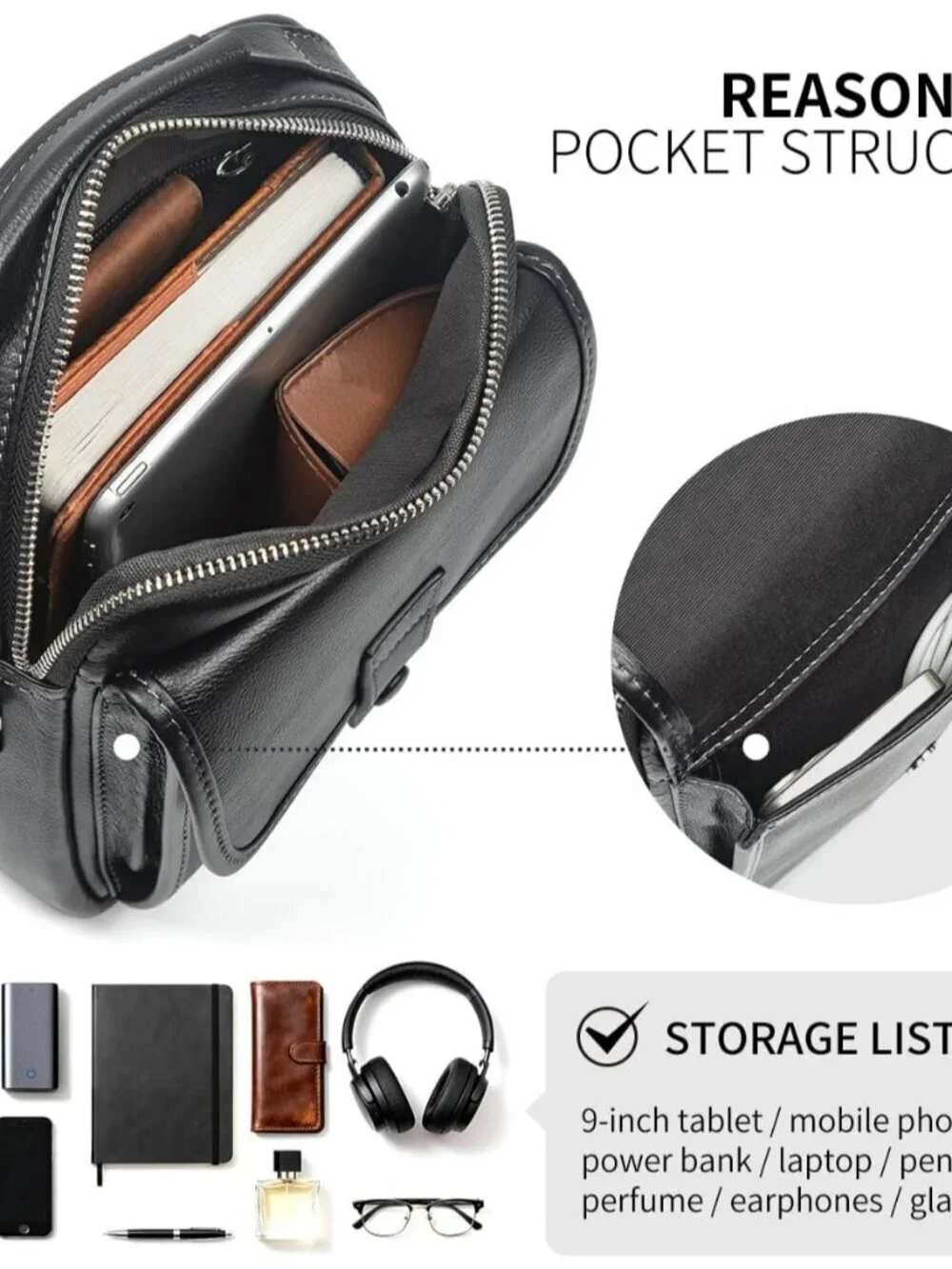 Men's Black Leather Shoulder Sling Travel Crossbody Stylish Magnetic Buckle Bag